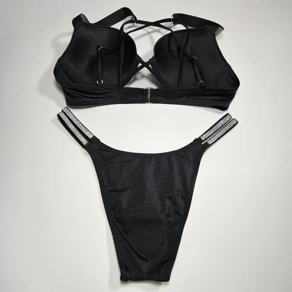 Victoria Secret 38C L Bombshell Push Up Bikini Top Set Glam Shine Strap Black